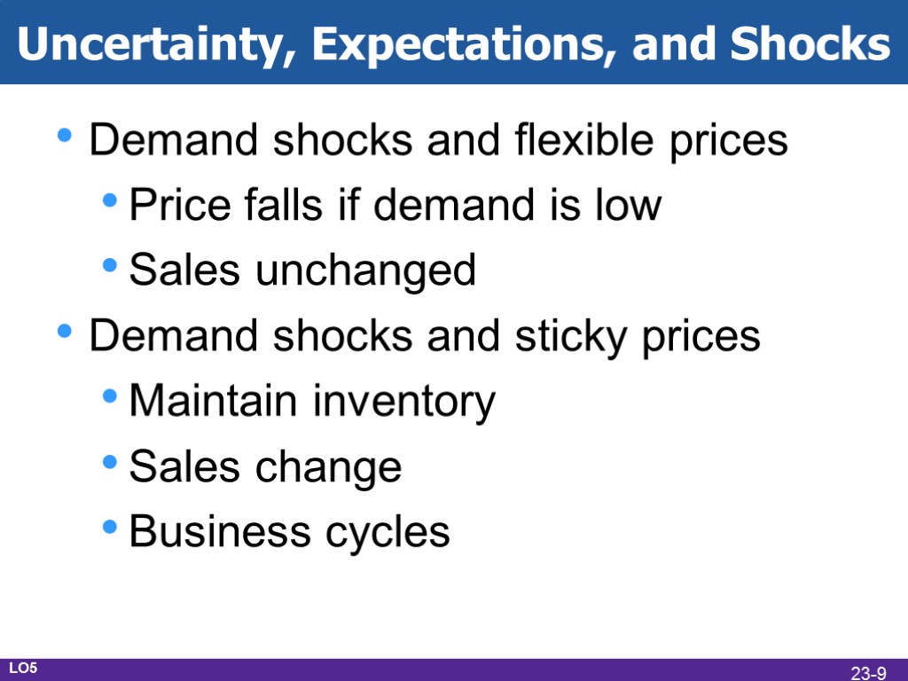 Uncertainty, Expectations, and Shocks Demand shocks and flexible prices Price falls if demand is